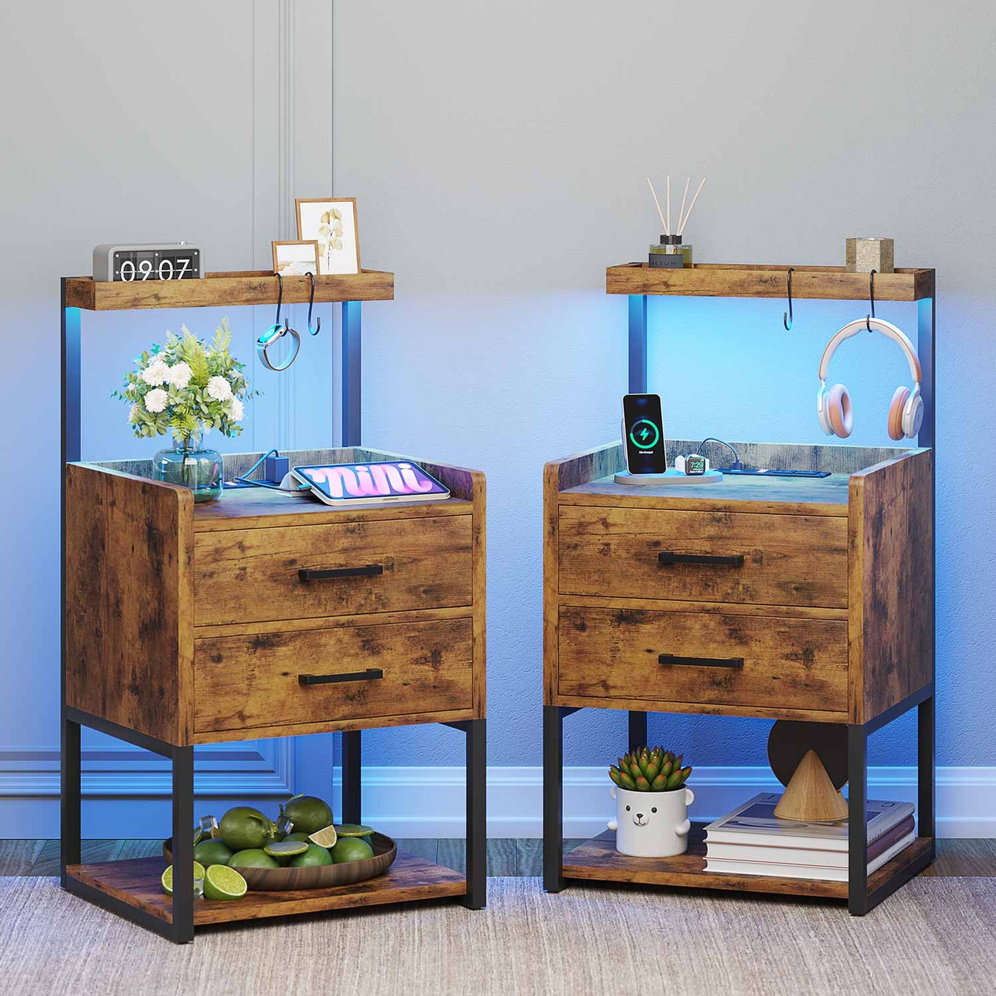 LED Nightstand with Charging Station Brown