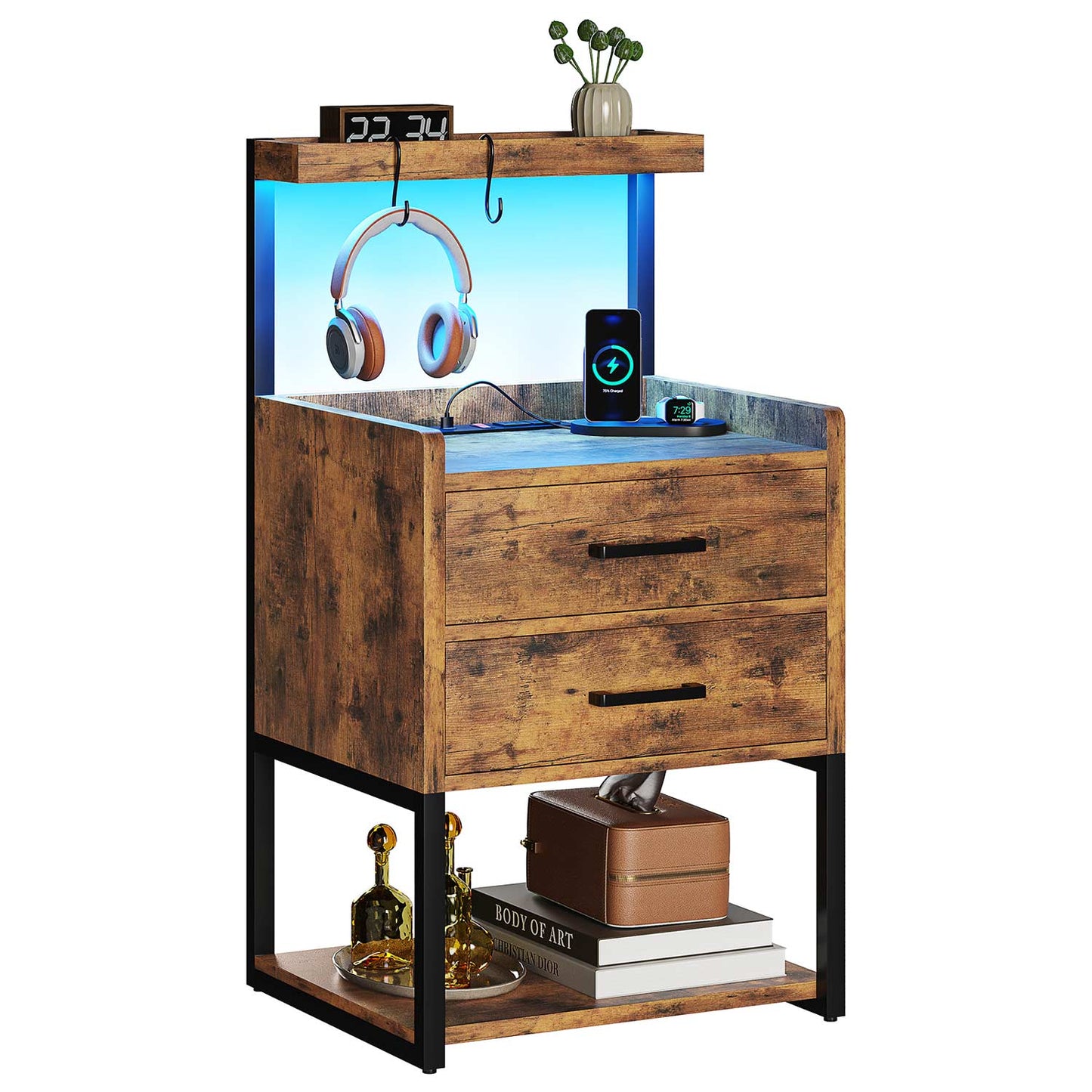 LED Nightstand with Charging Station Brown