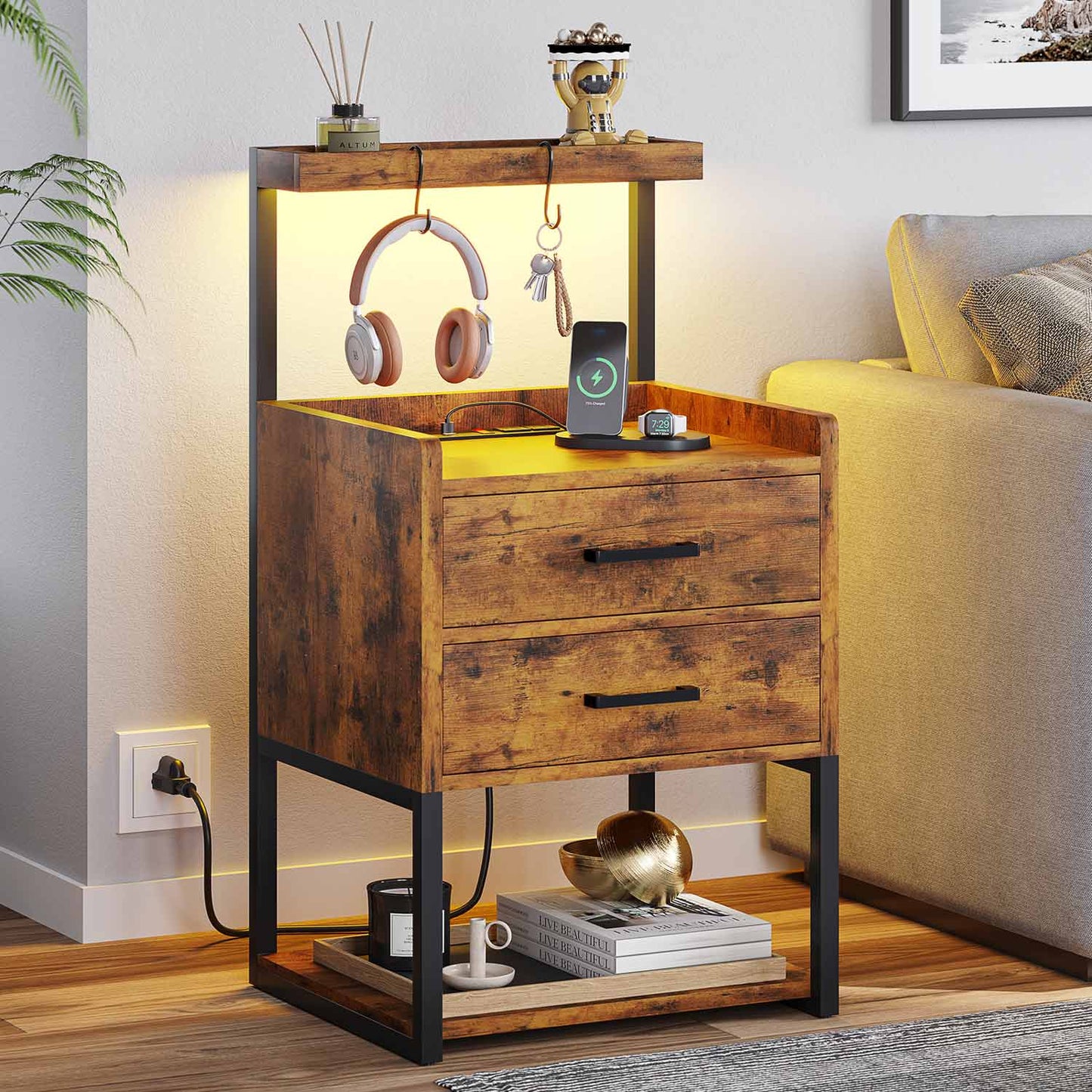 LED Nightstand with Charging Station Brown