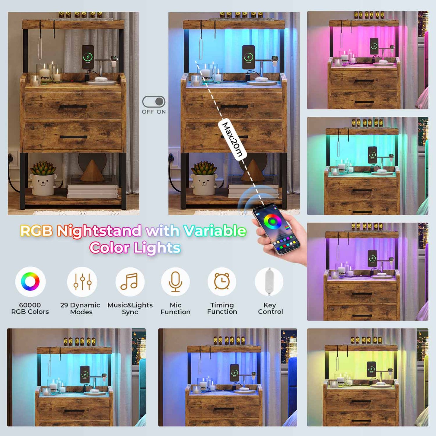LED Nightstand with Charging Station Brown