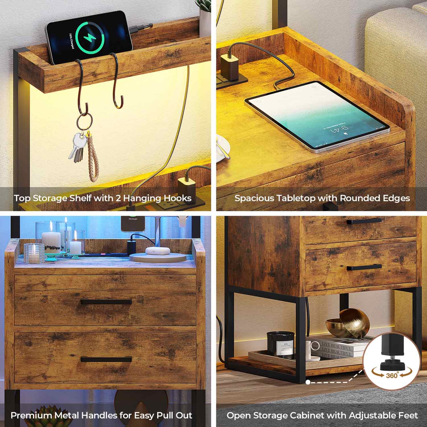 LED Nightstand with Charging Station Brown