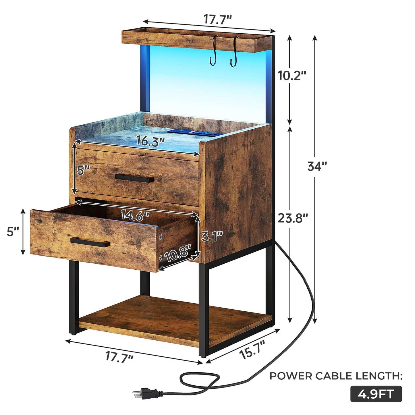 LED Nightstand with Charging Station Brown