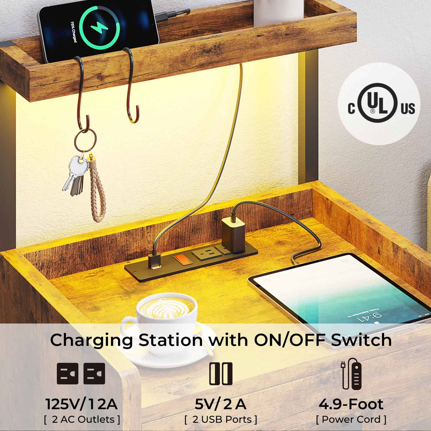 LED Nightstand with Charging Station Brown