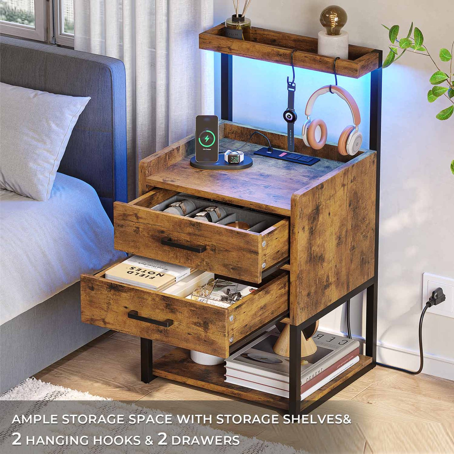 LED Nightstand with Charging Station Brown