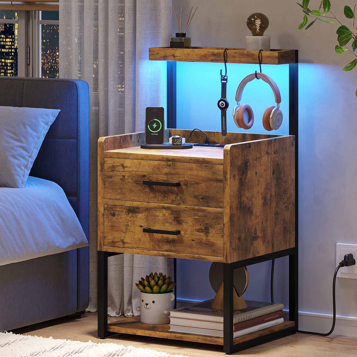 LED Nightstand with Charging Station Brown