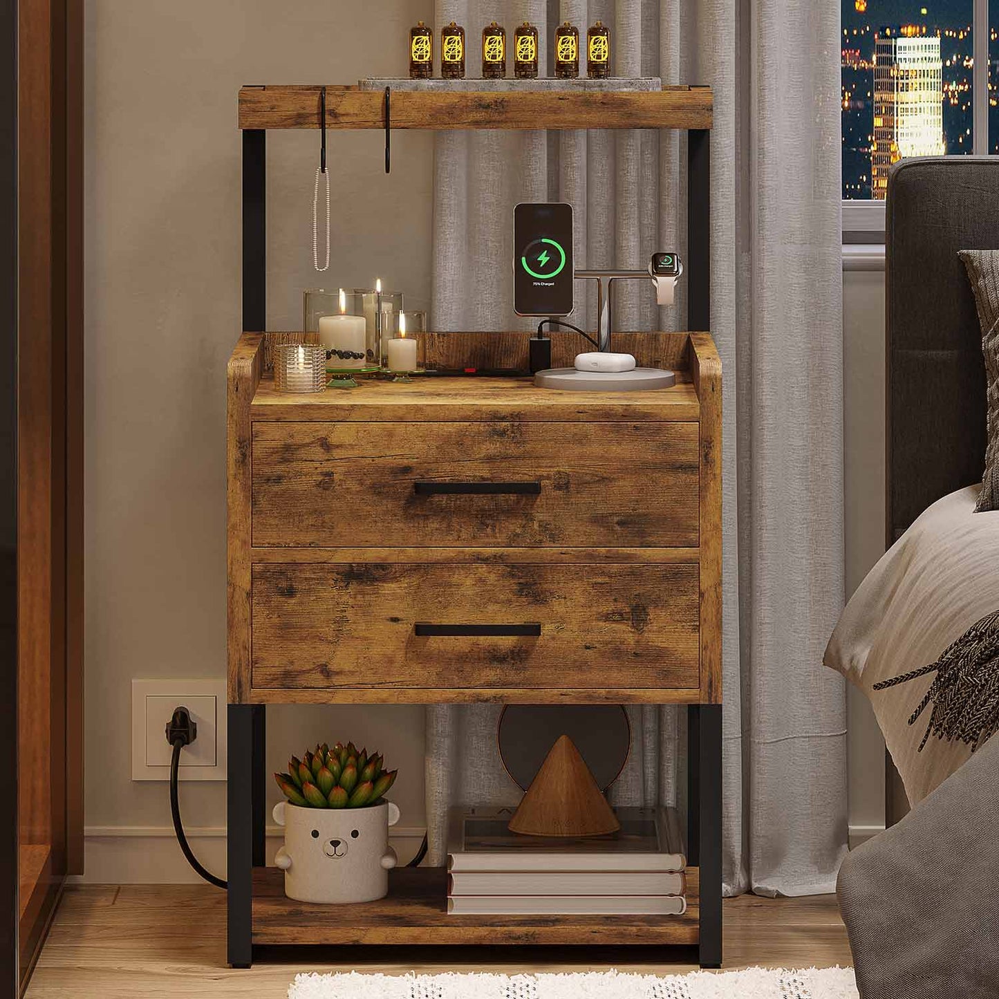 LED Nightstand with Charging Station Brown