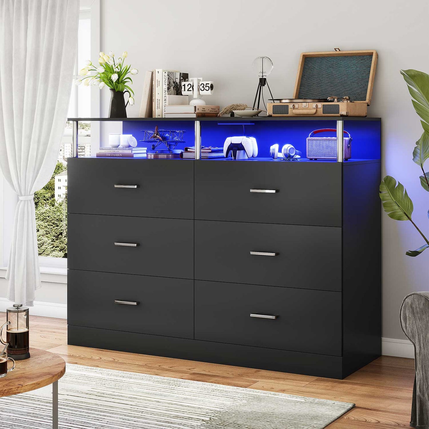 LED Wide Dresser with 6 Drawers Column Design Black