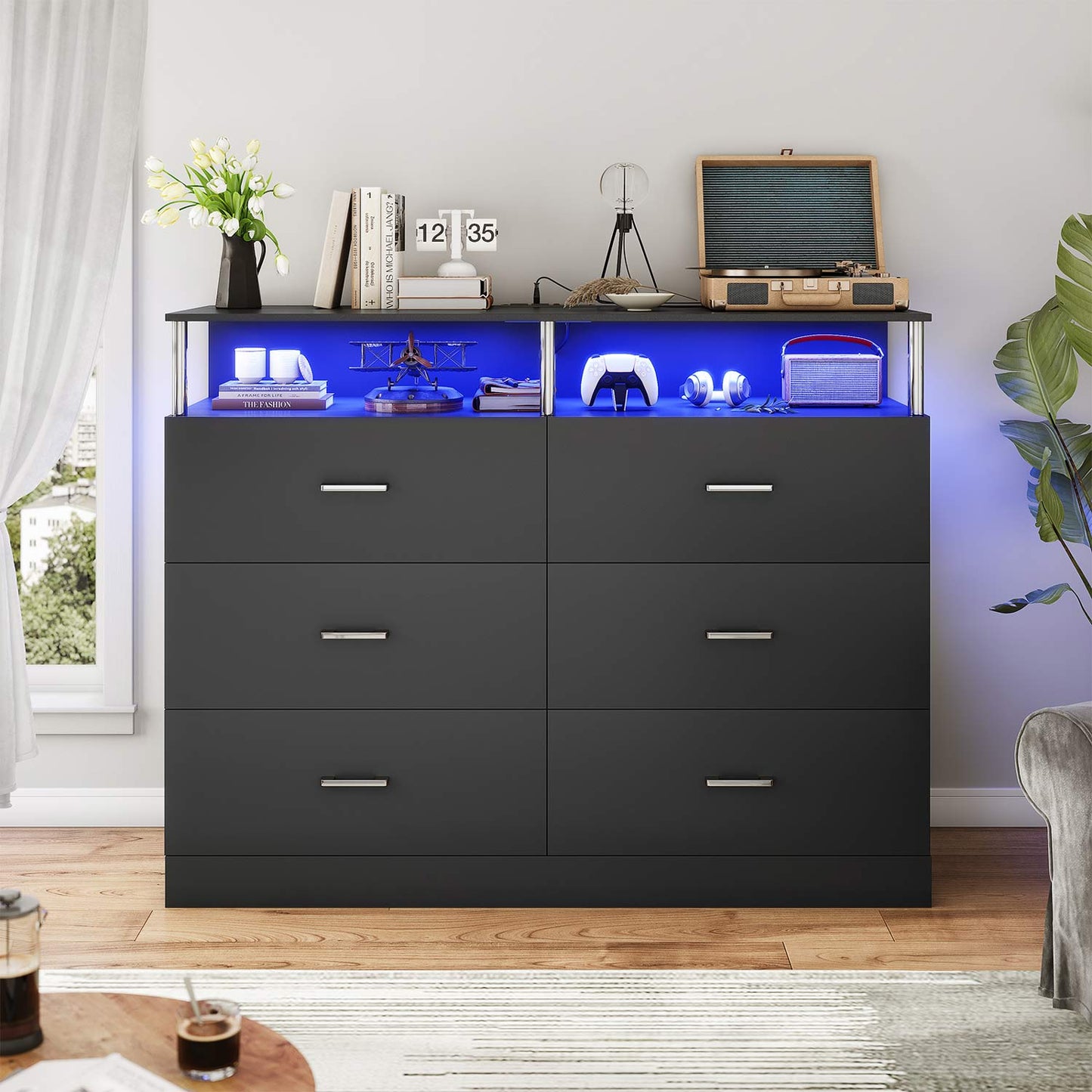 LED Wide Dresser with 6 Drawers Column Design Black