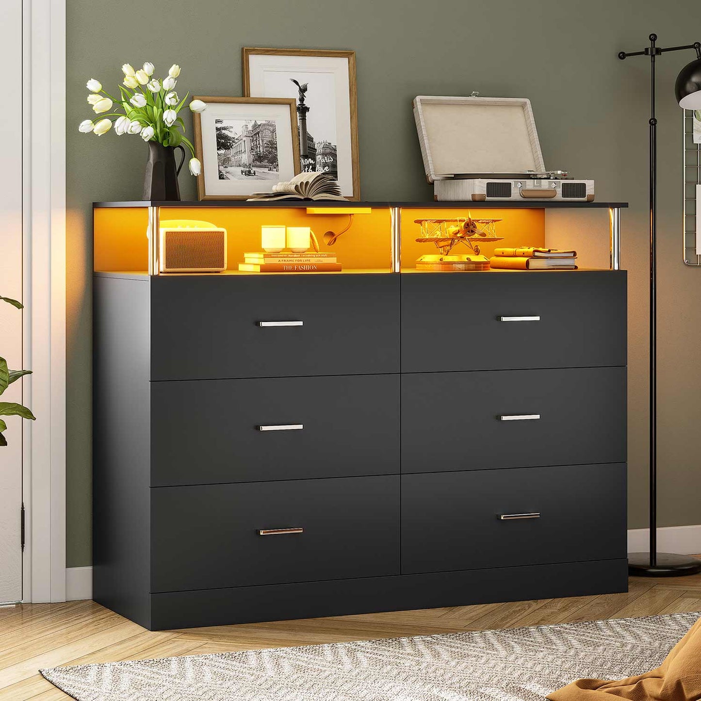 LED Wide Dresser with 6 Drawers Column Design Black