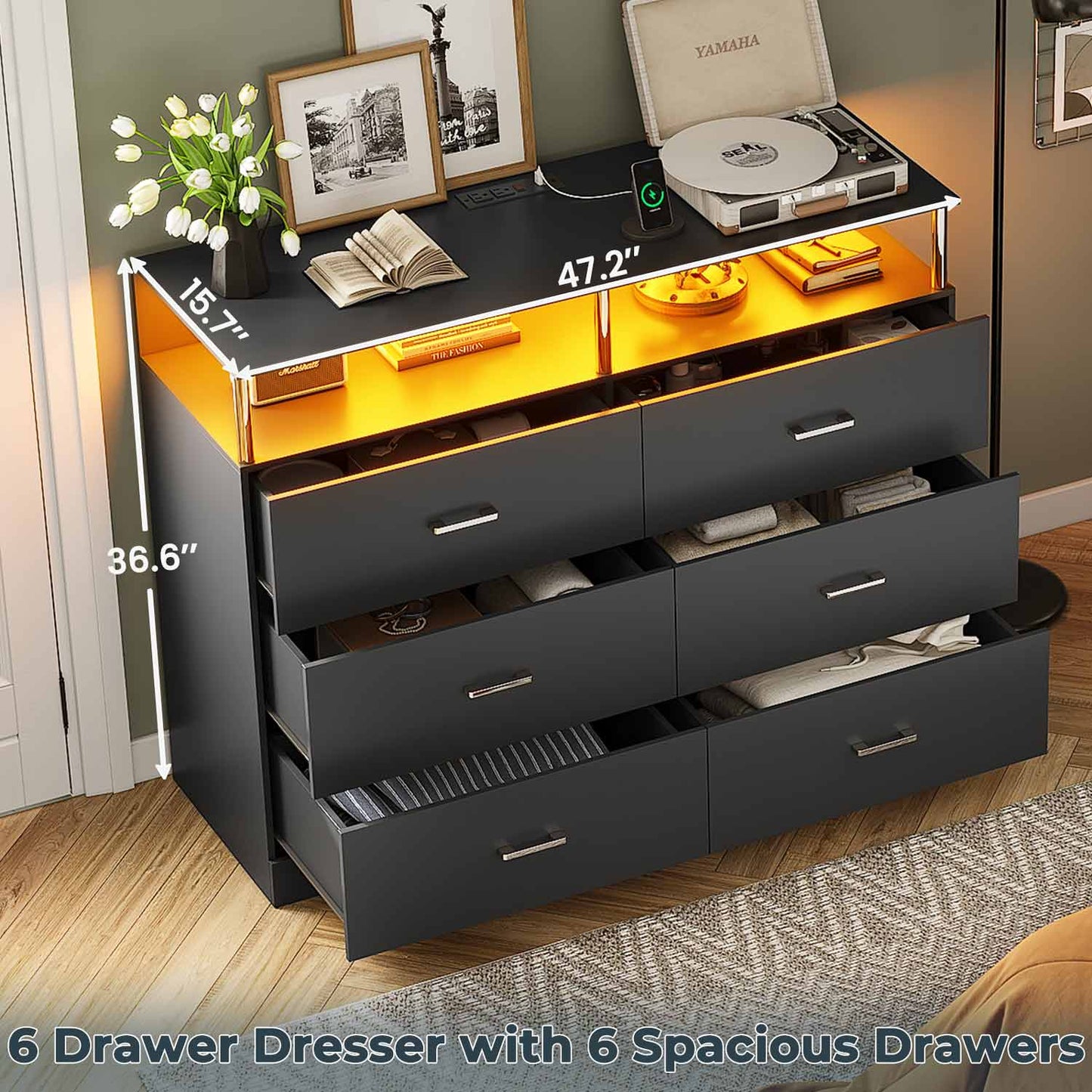 LED Wide Dresser with 6 Drawers Column Design Black