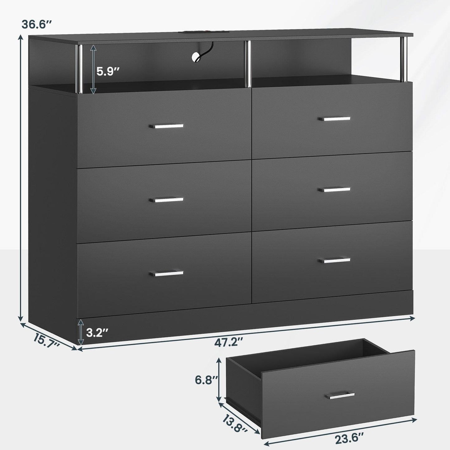 LED Wide Dresser with 6 Drawers Column Design Black