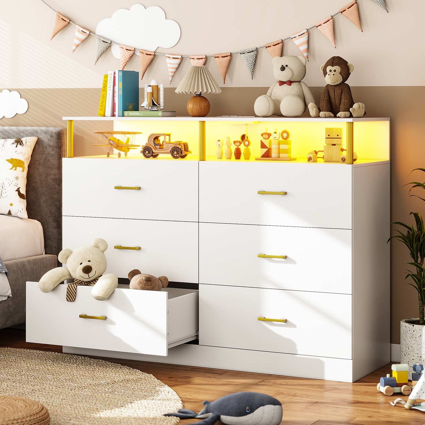 LED Wide Dresser with 6 Drawers Column Design White