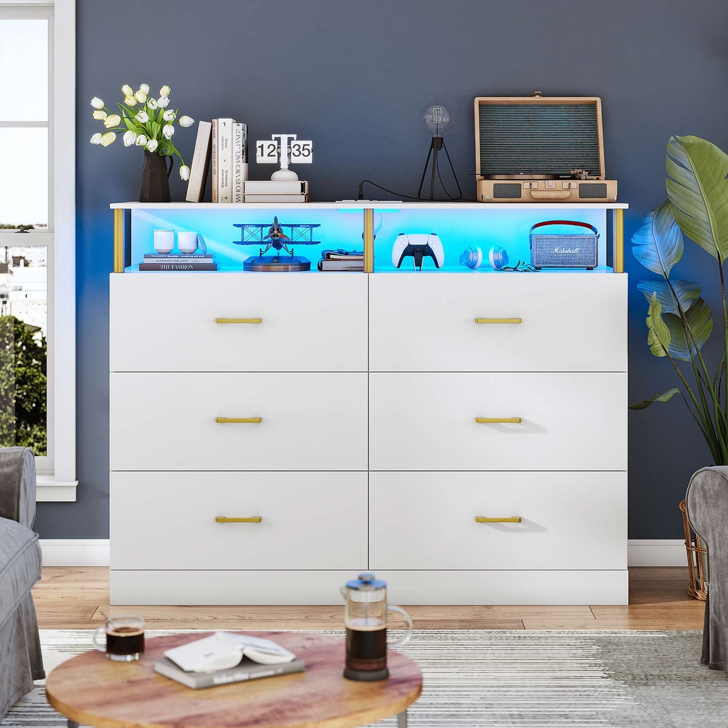 LED Wide Dresser with 6 Drawers Column Design White