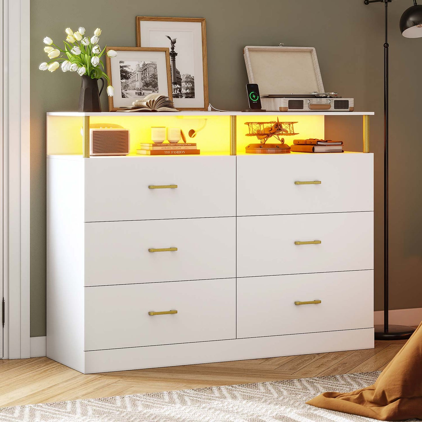 LED Wide Dresser with 6 Drawers Column Design White