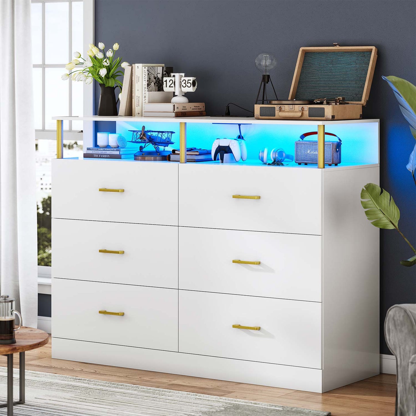 LED Wide Dresser with 6 Drawers Column Design White