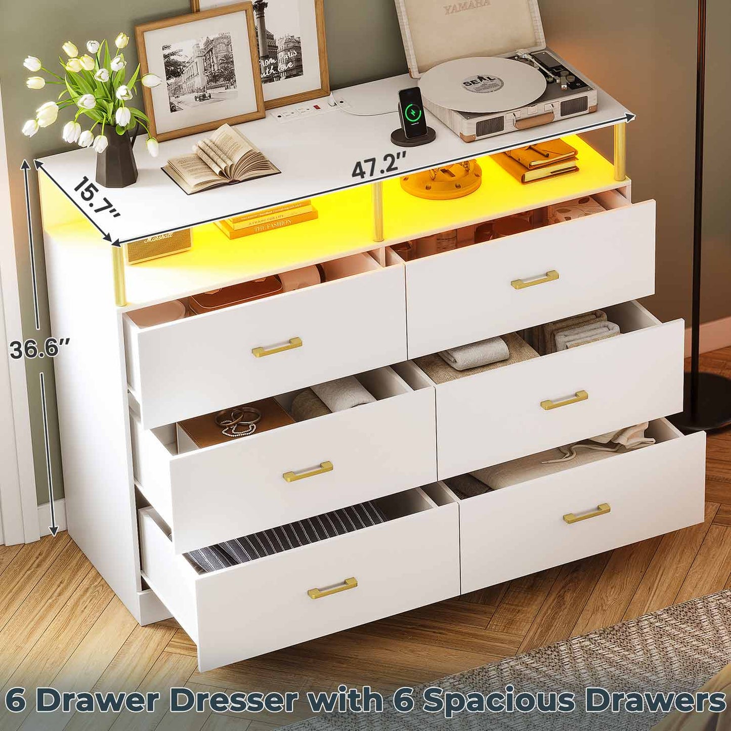 LED Wide Dresser with 6 Drawers Column Design White