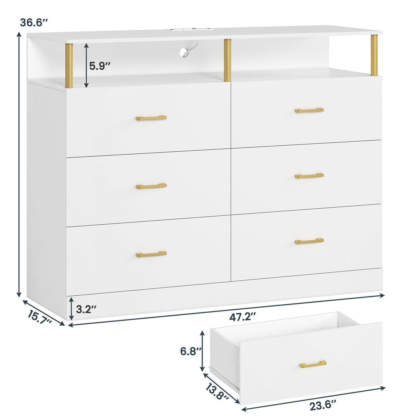 LED Wide Dresser with 6 Drawers Column Design White