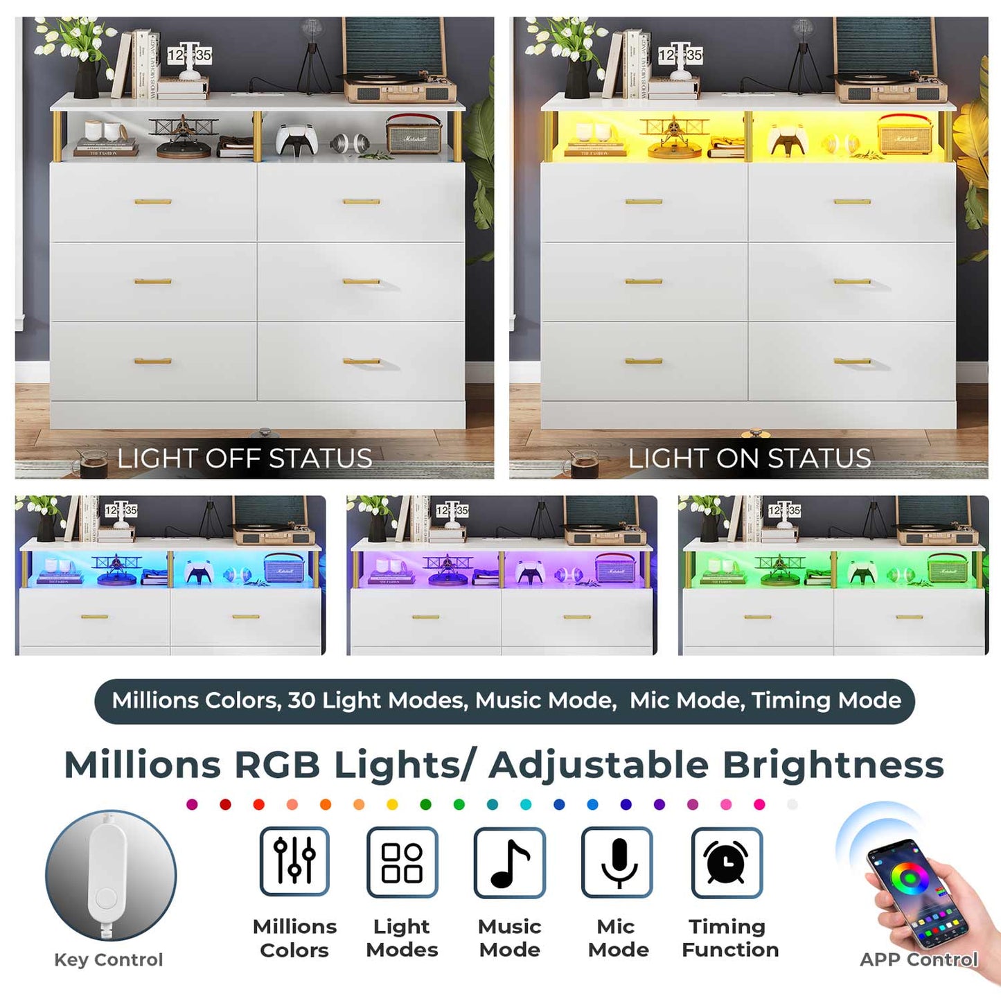 LED Wide Dresser with 6 Drawers Column Design White