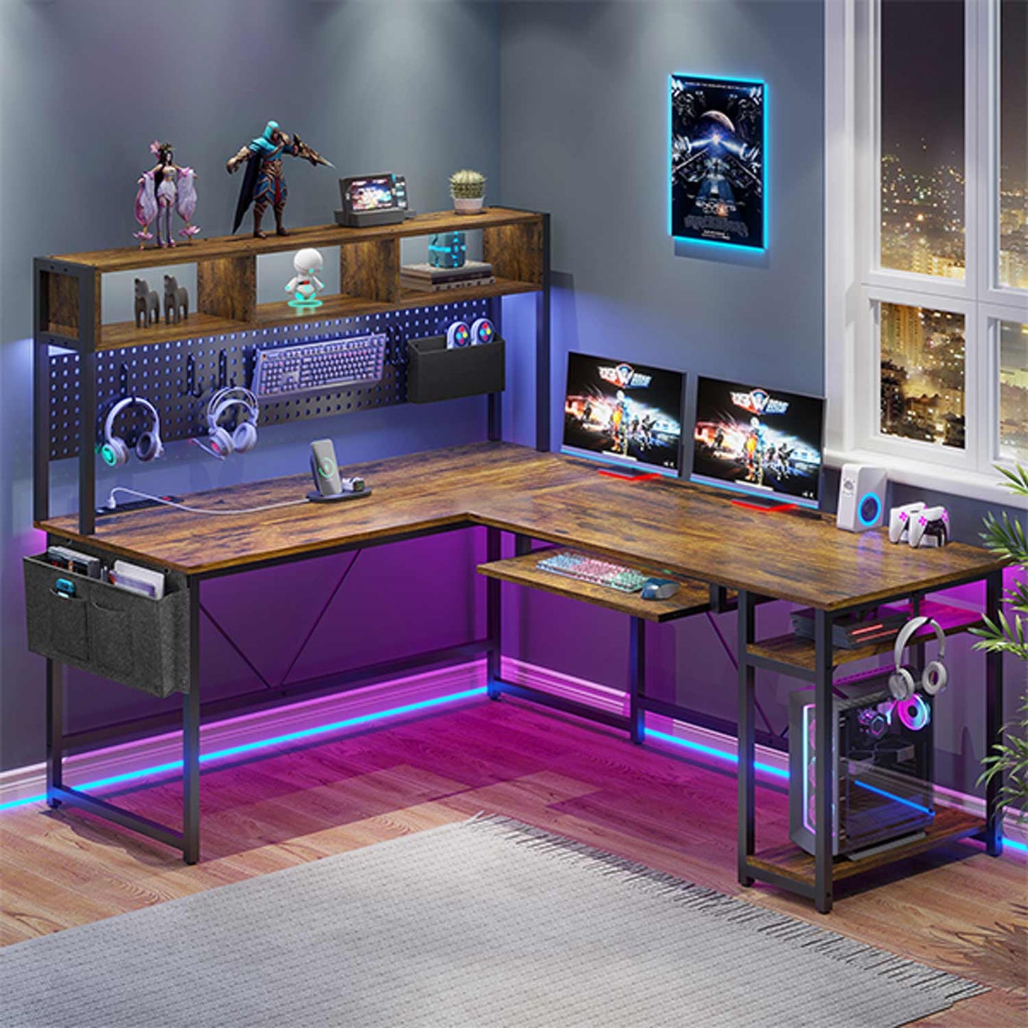 L Shaped Reversible Gaming Desk With LED Lights Rustic Brown