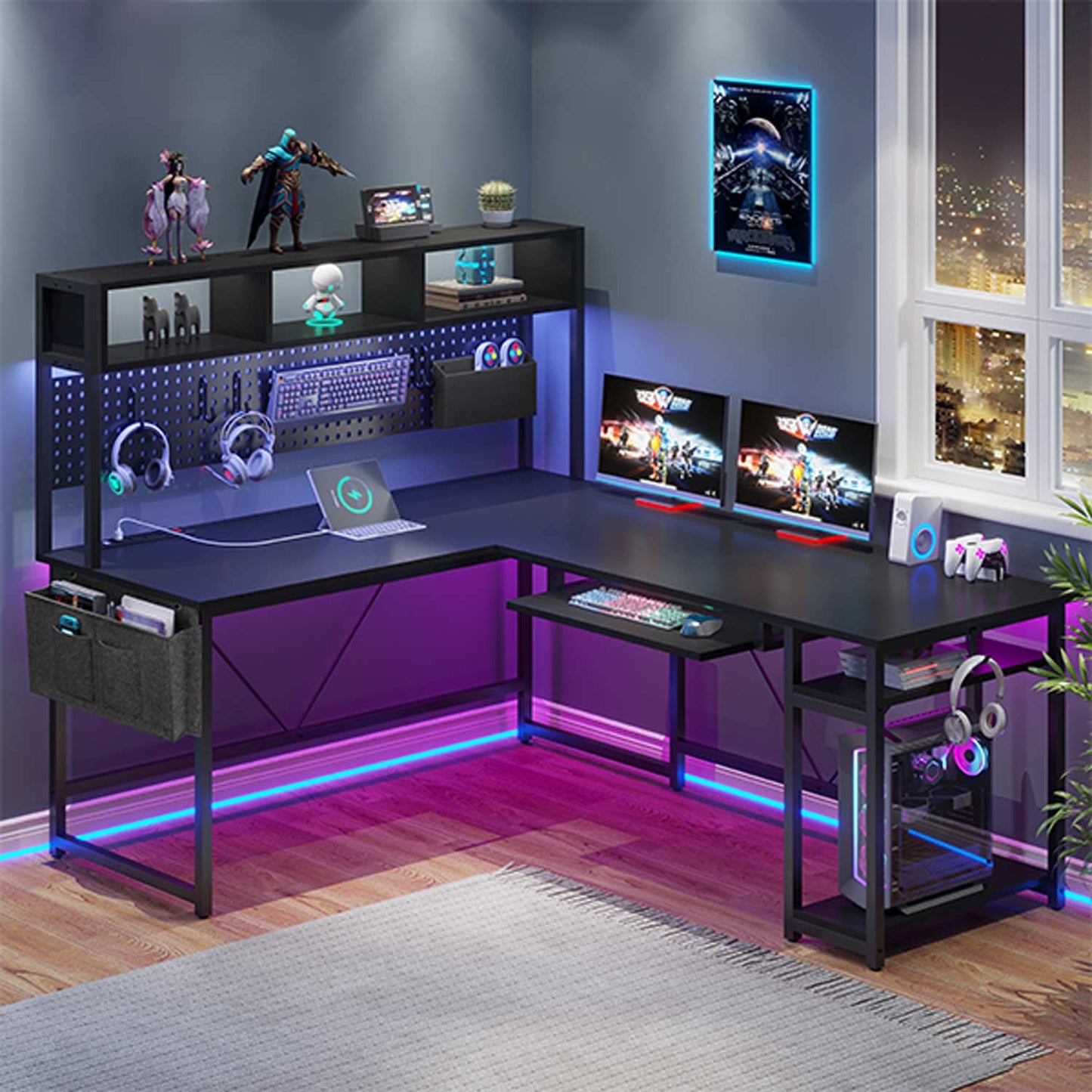 L Shaped Reversible LED Gaming Desk with Power Outlets Black