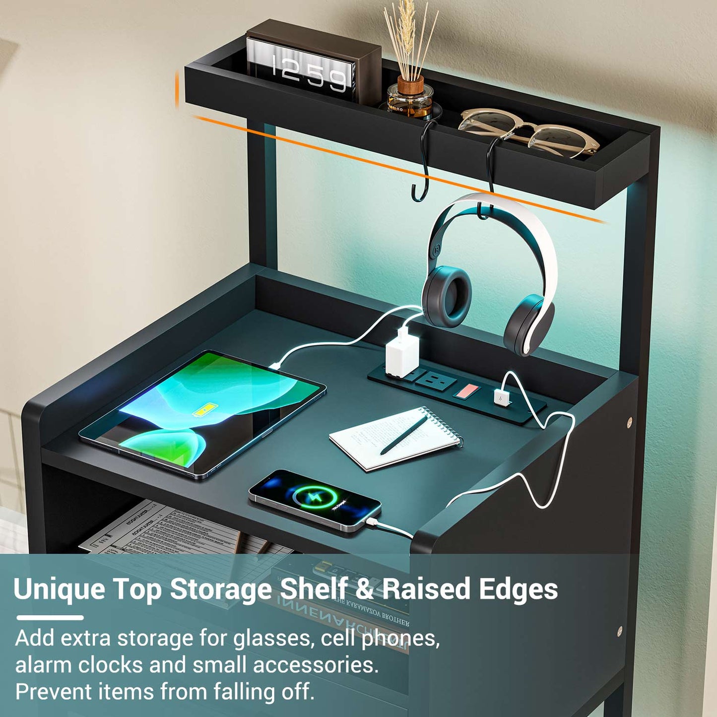 LED Nightstand with Charging Station Black