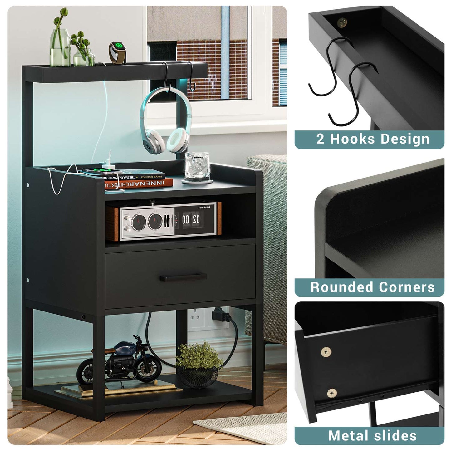 LED Nightstand with Charging Station Black
