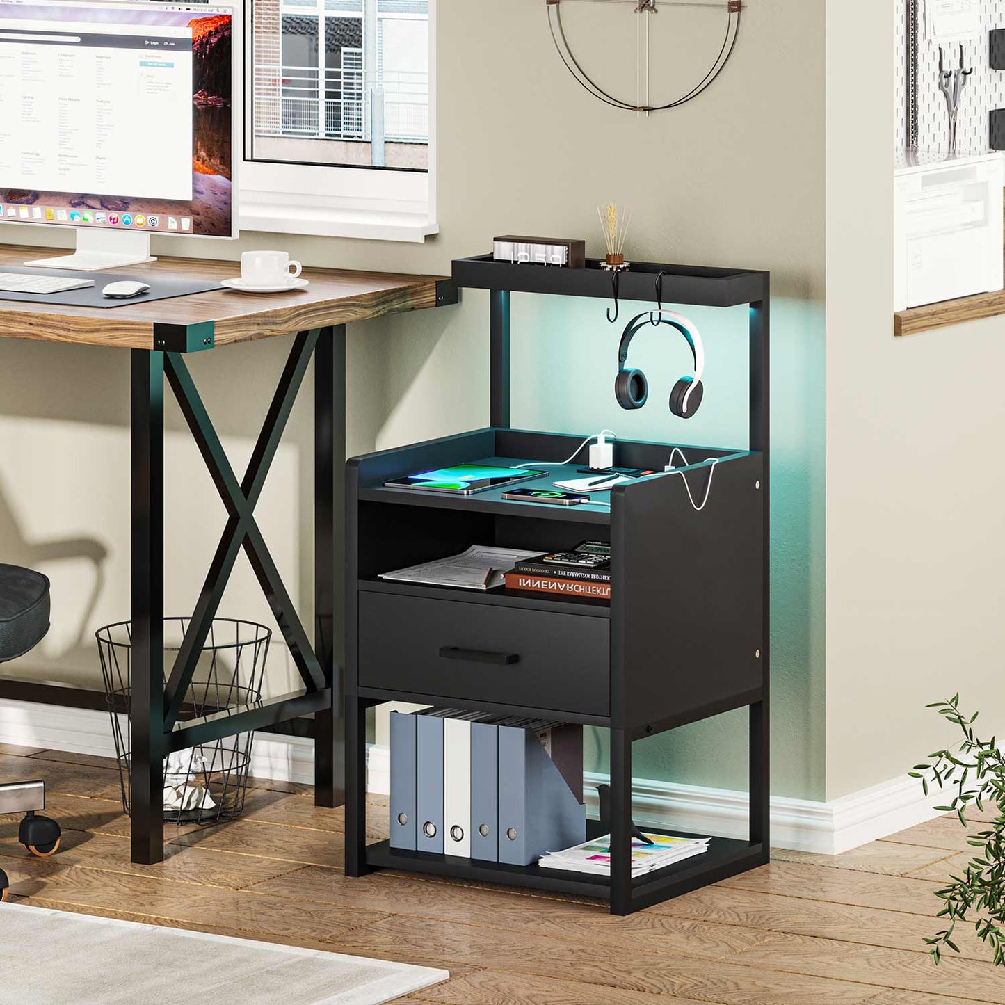 LED Nightstand with Charging Station Black