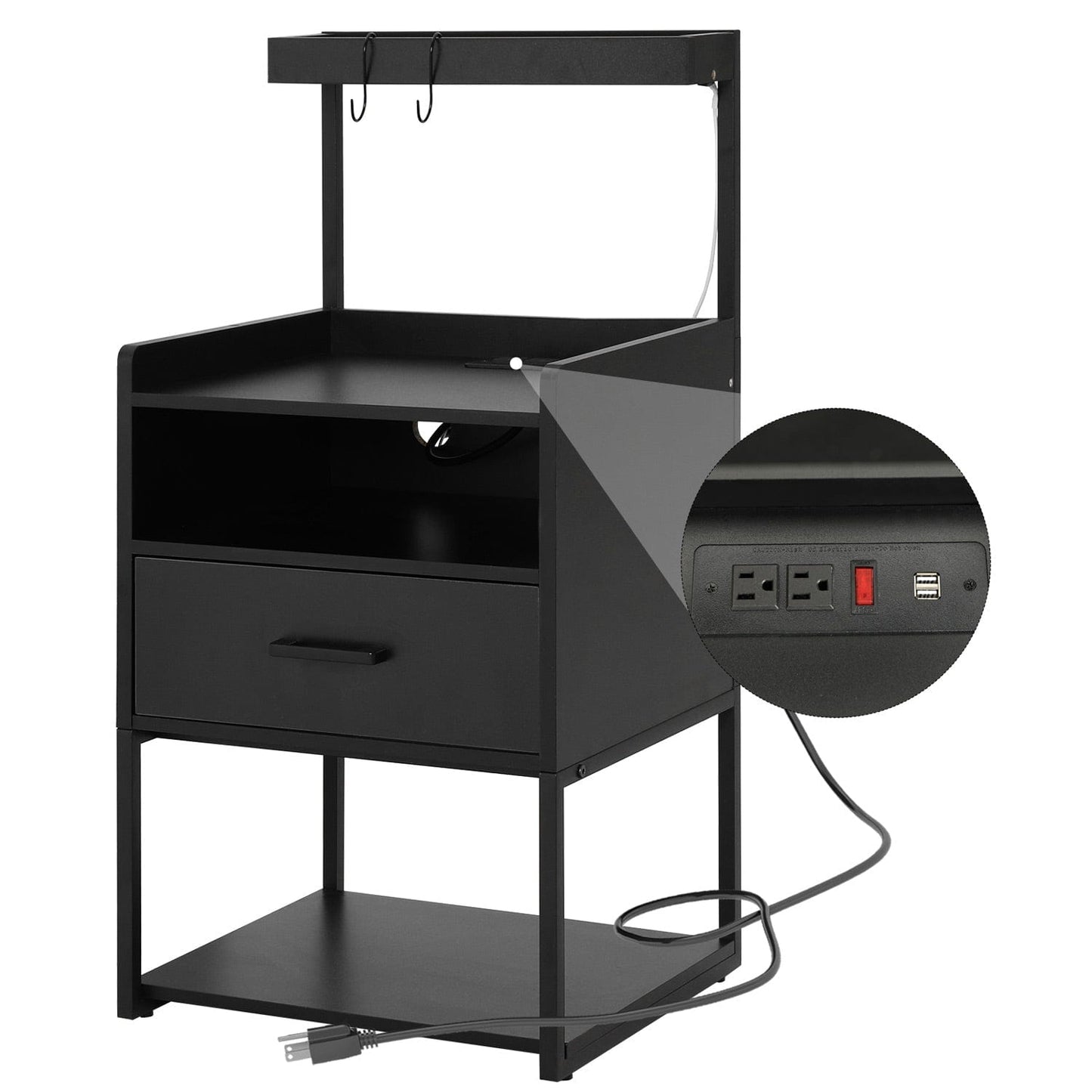 LED Nightstand with Charging Station Black