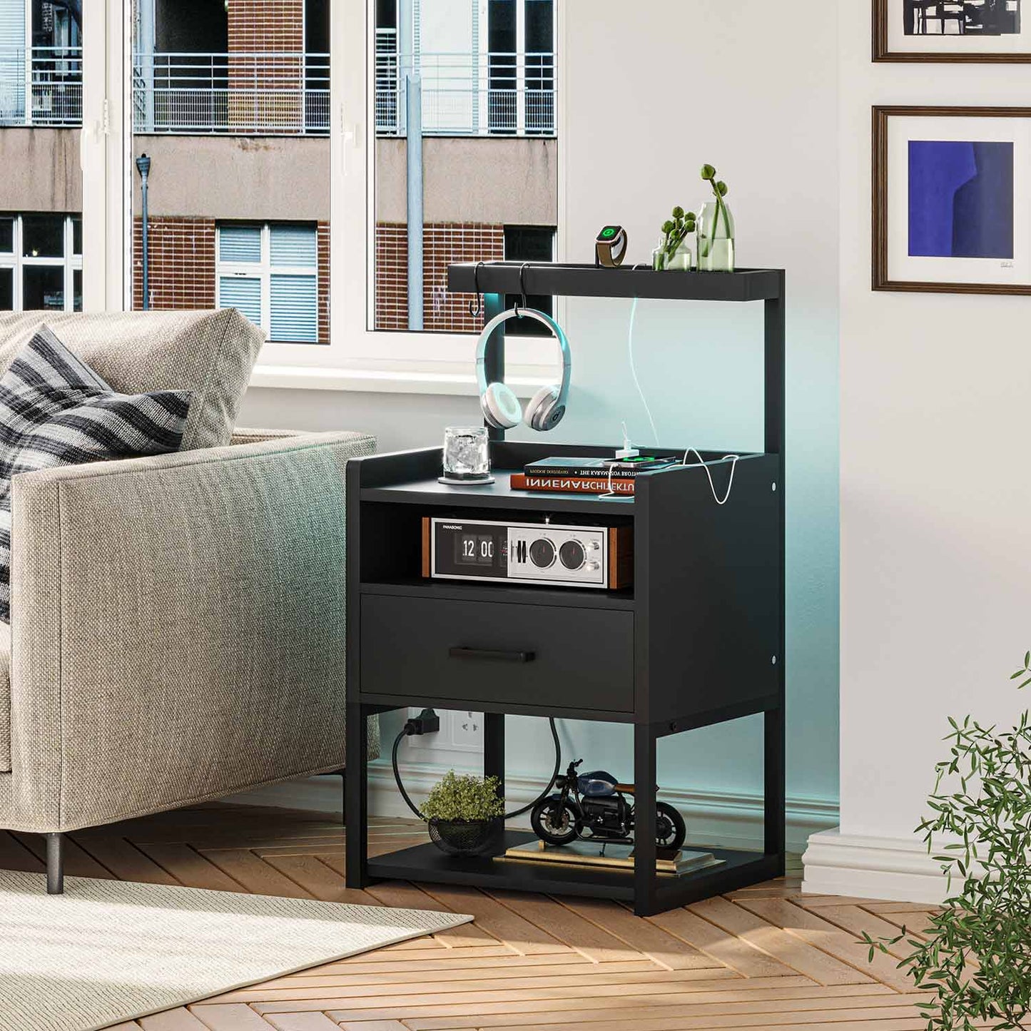 LED Nightstand with Charging Station Black