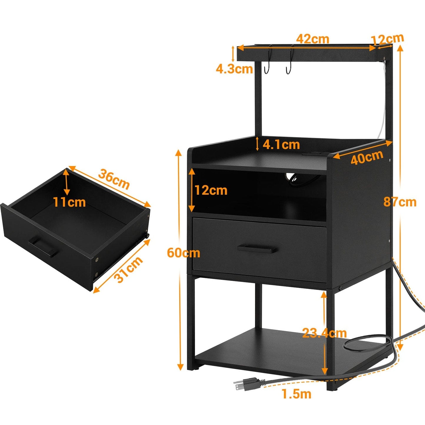 LED Nightstand with Charging Station Black