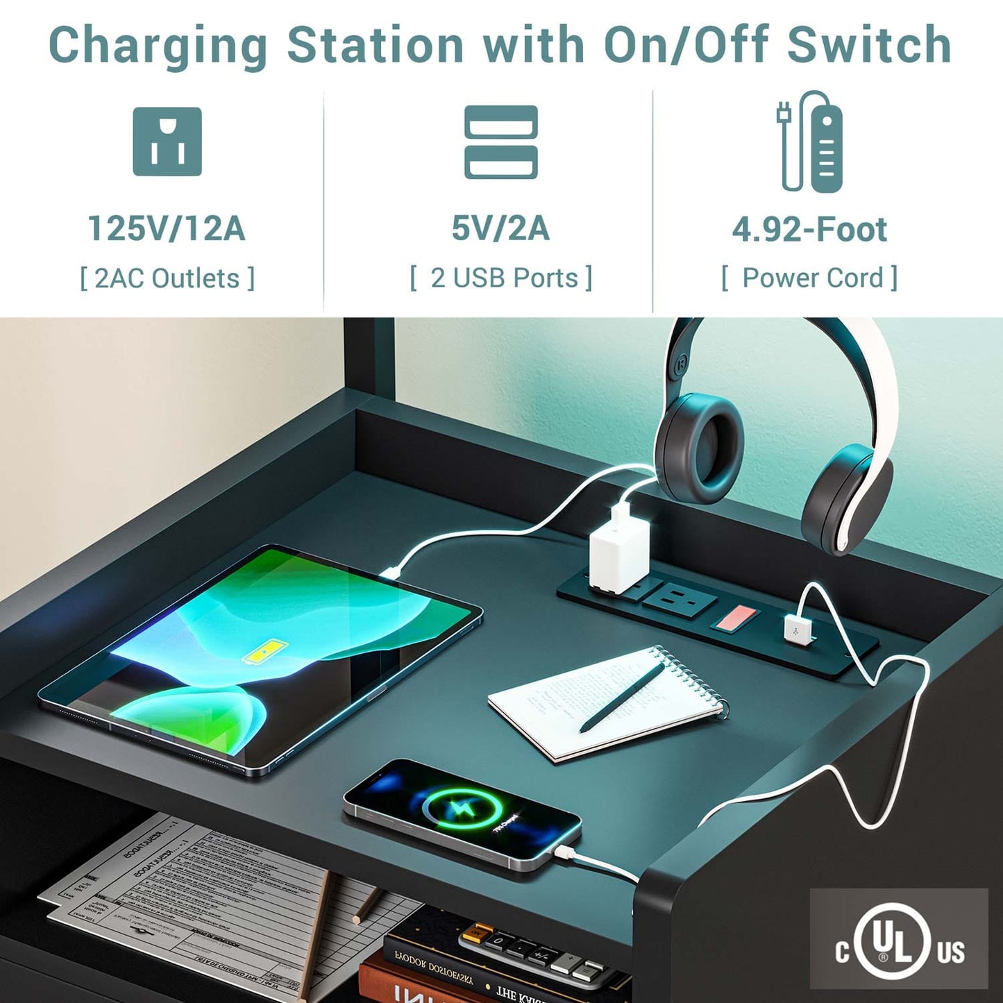 LED Nightstand with Charging Station Black