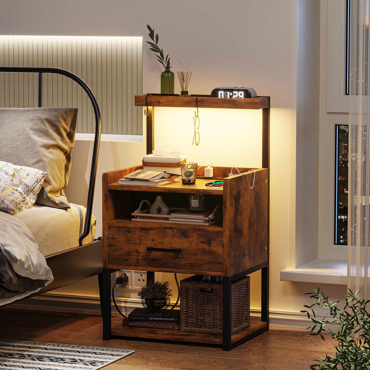 LED Nightstand with Charging Station Brown