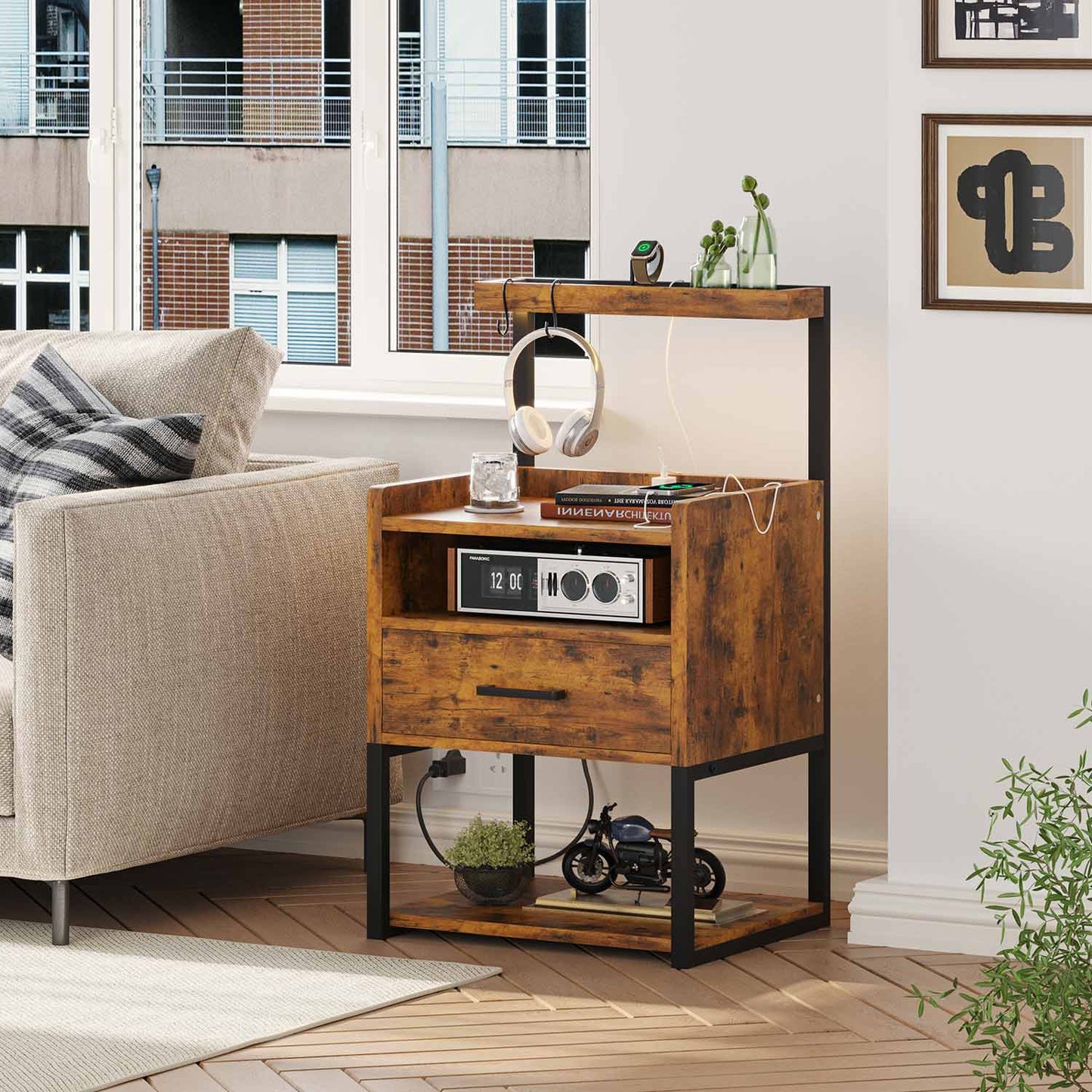 LED Nightstand with Charging Station Brown