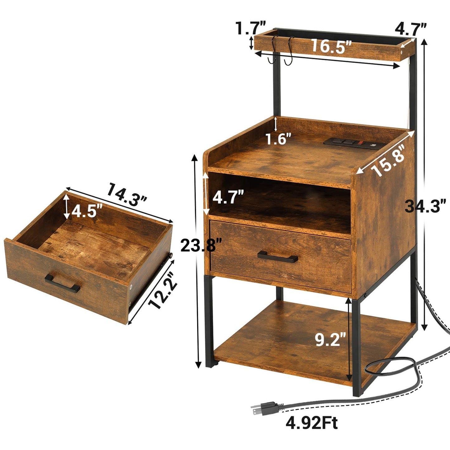 LED Nightstand with Charging Station Brown