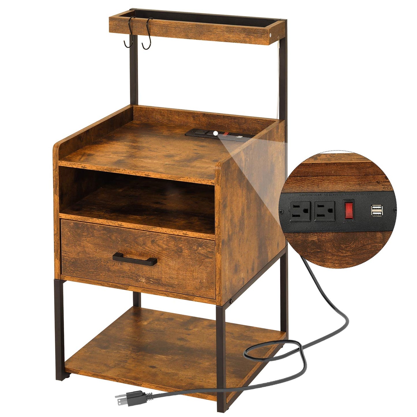 LED Nightstand with Charging Station Brown