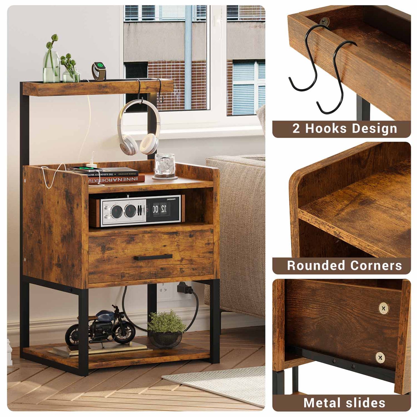 LED Nightstand with Charging Station Brown