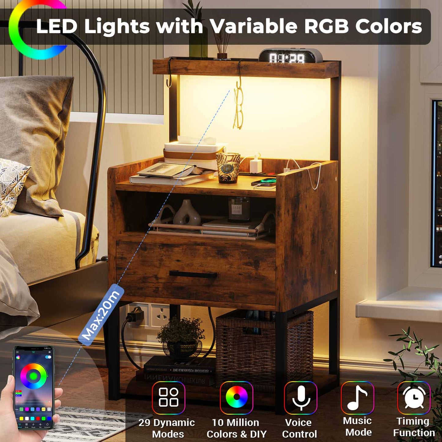LED Nightstand with Charging Station Brown