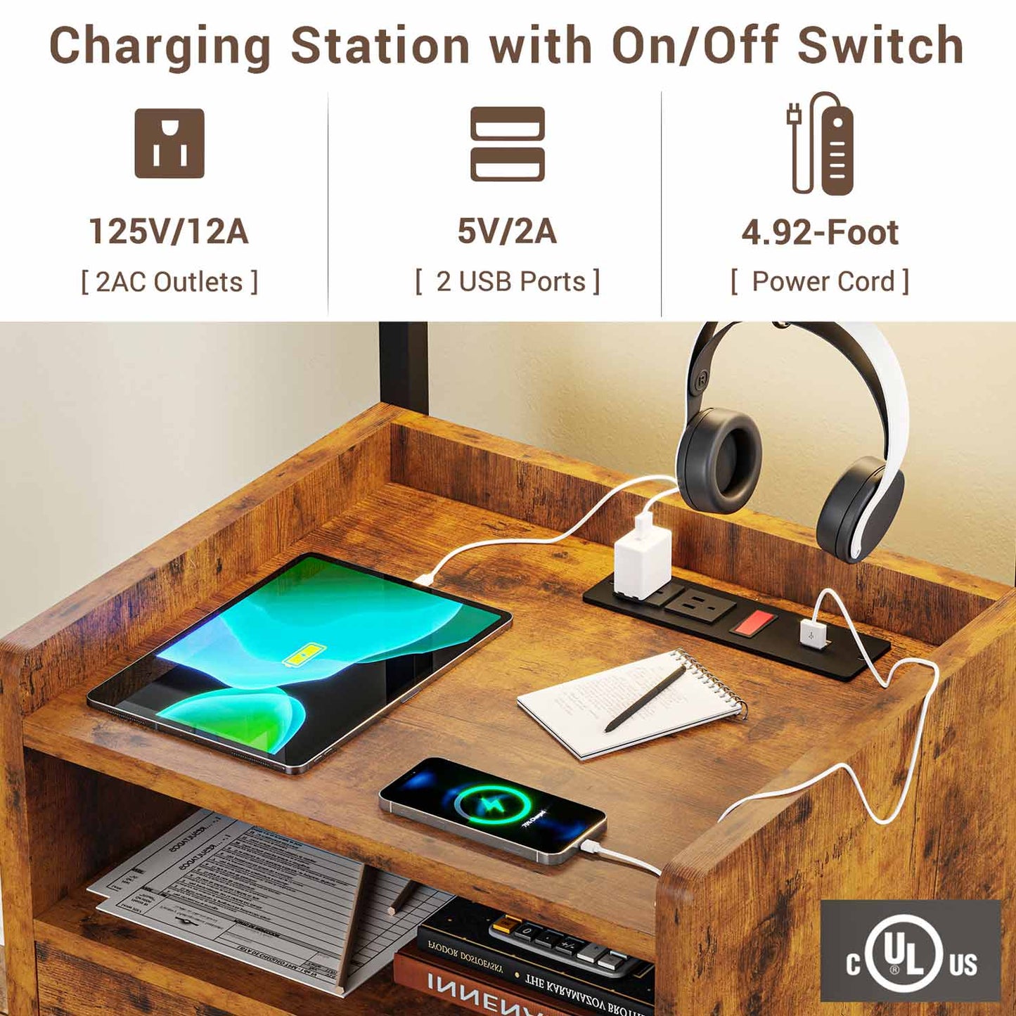 LED Nightstand with Charging Station Brown