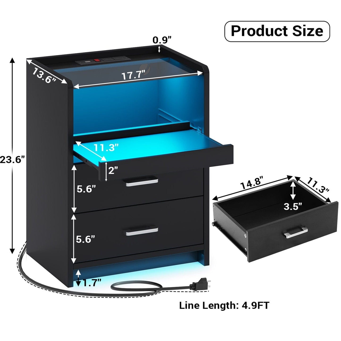 2 Pack LED Nightstand with 2 Storage Drawers Black