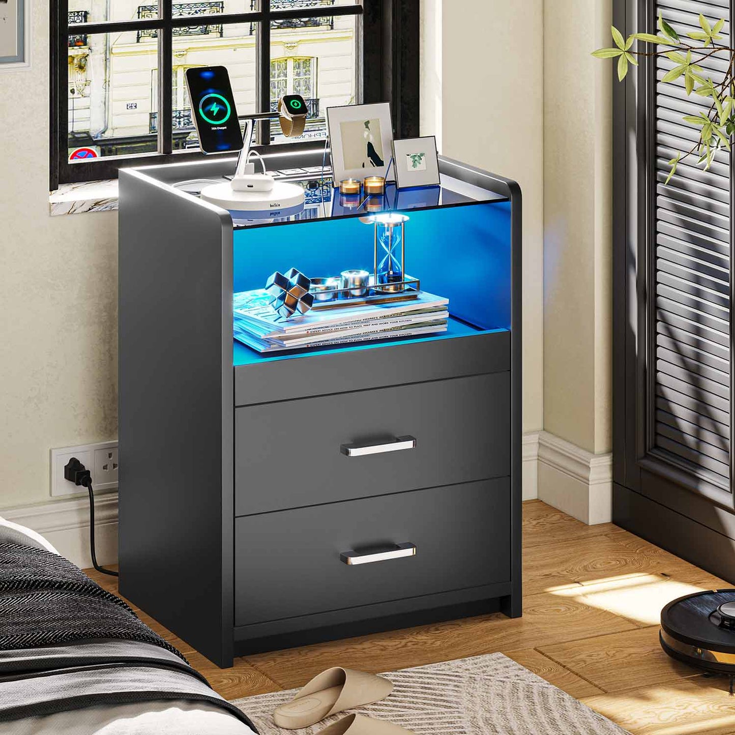 2 Pack LED Nightstand with 2 Storage Drawers Black