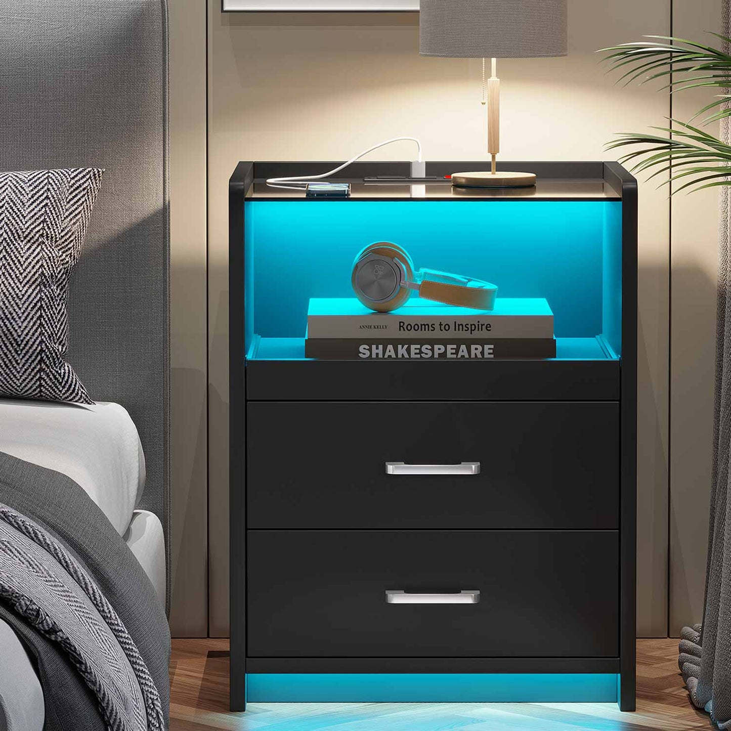 2 Pack LED Nightstand with 2 Storage Drawers Black