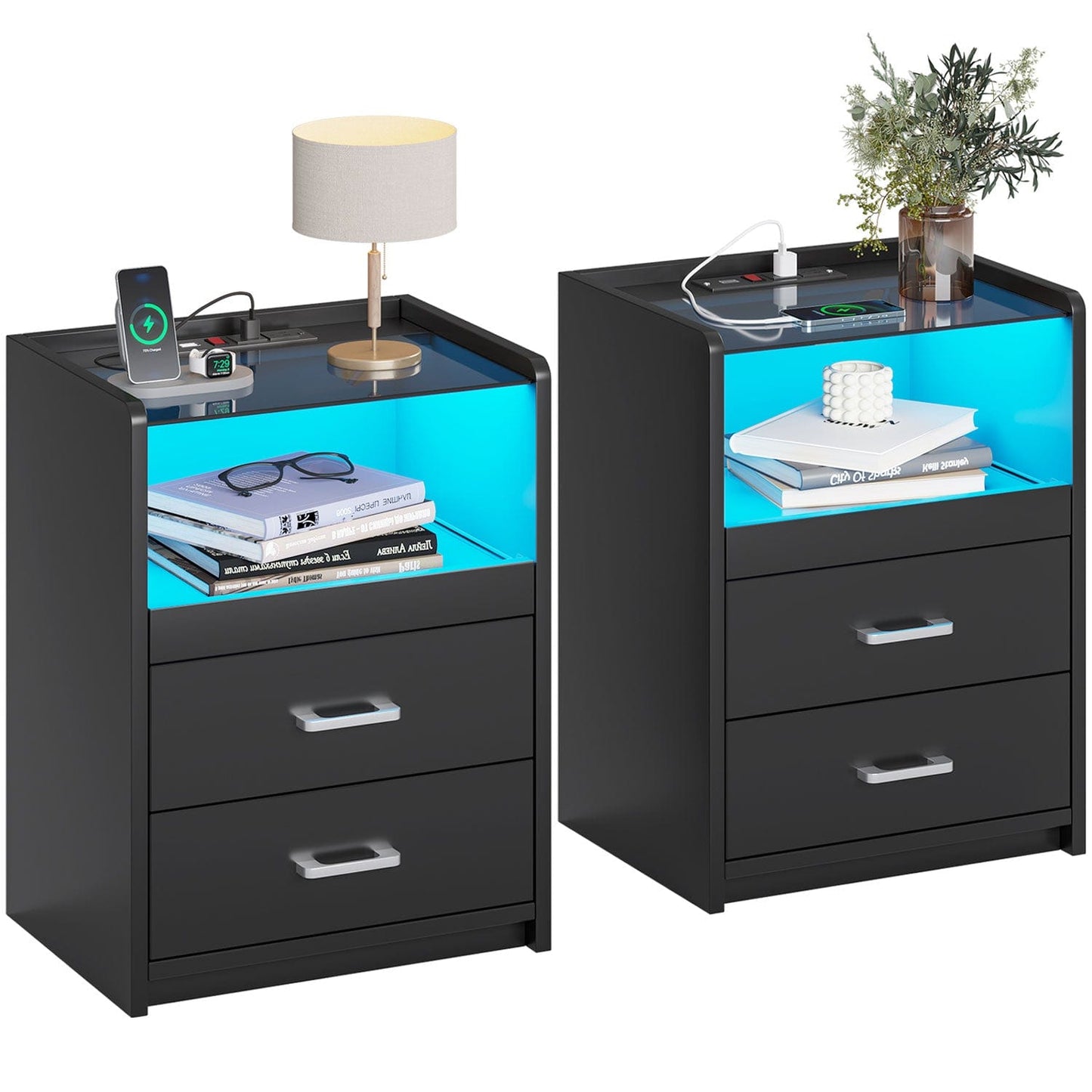 2 Pack LED Nightstand with 2 Storage Drawers Black