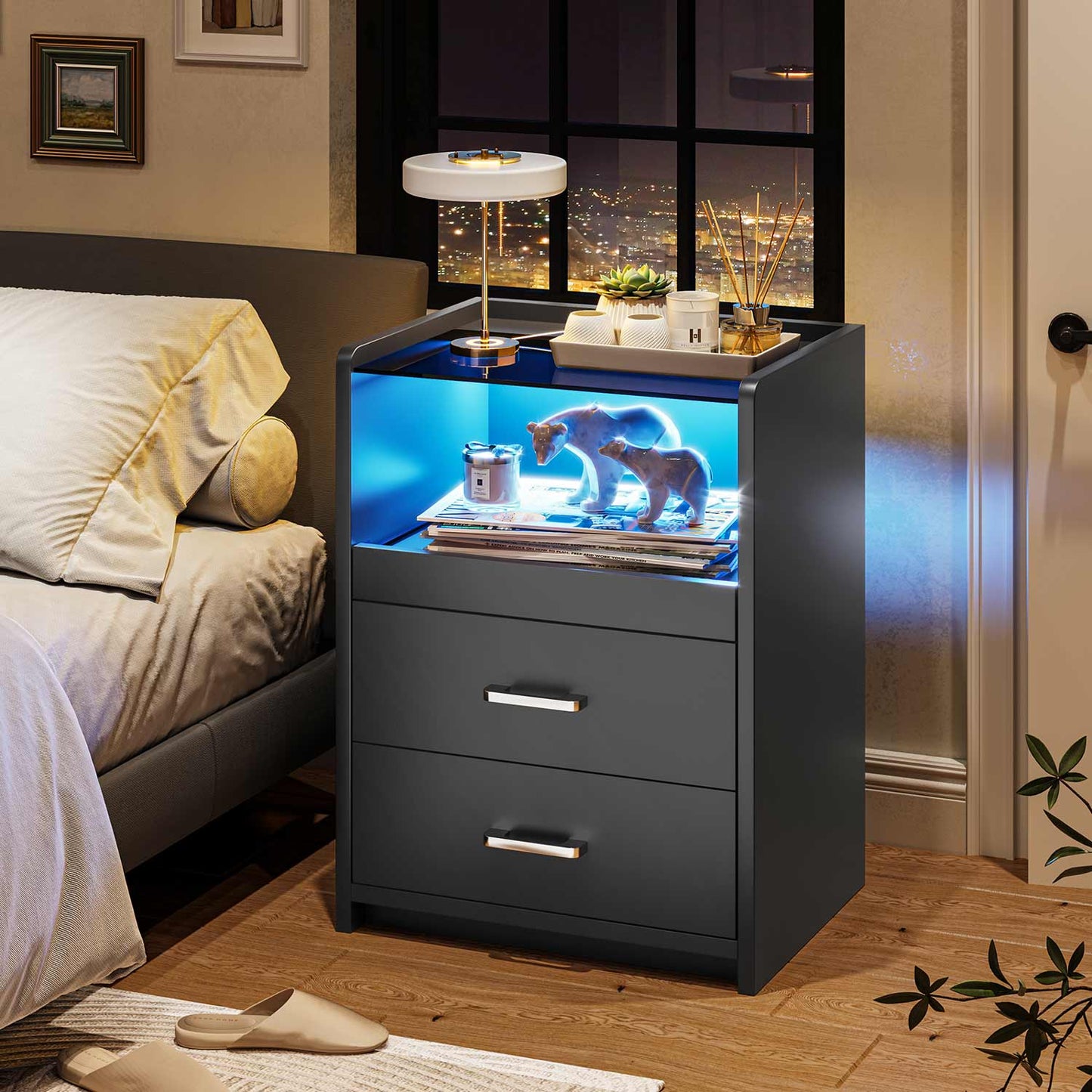 2 Pack LED Nightstand with 2 Storage Drawers Black