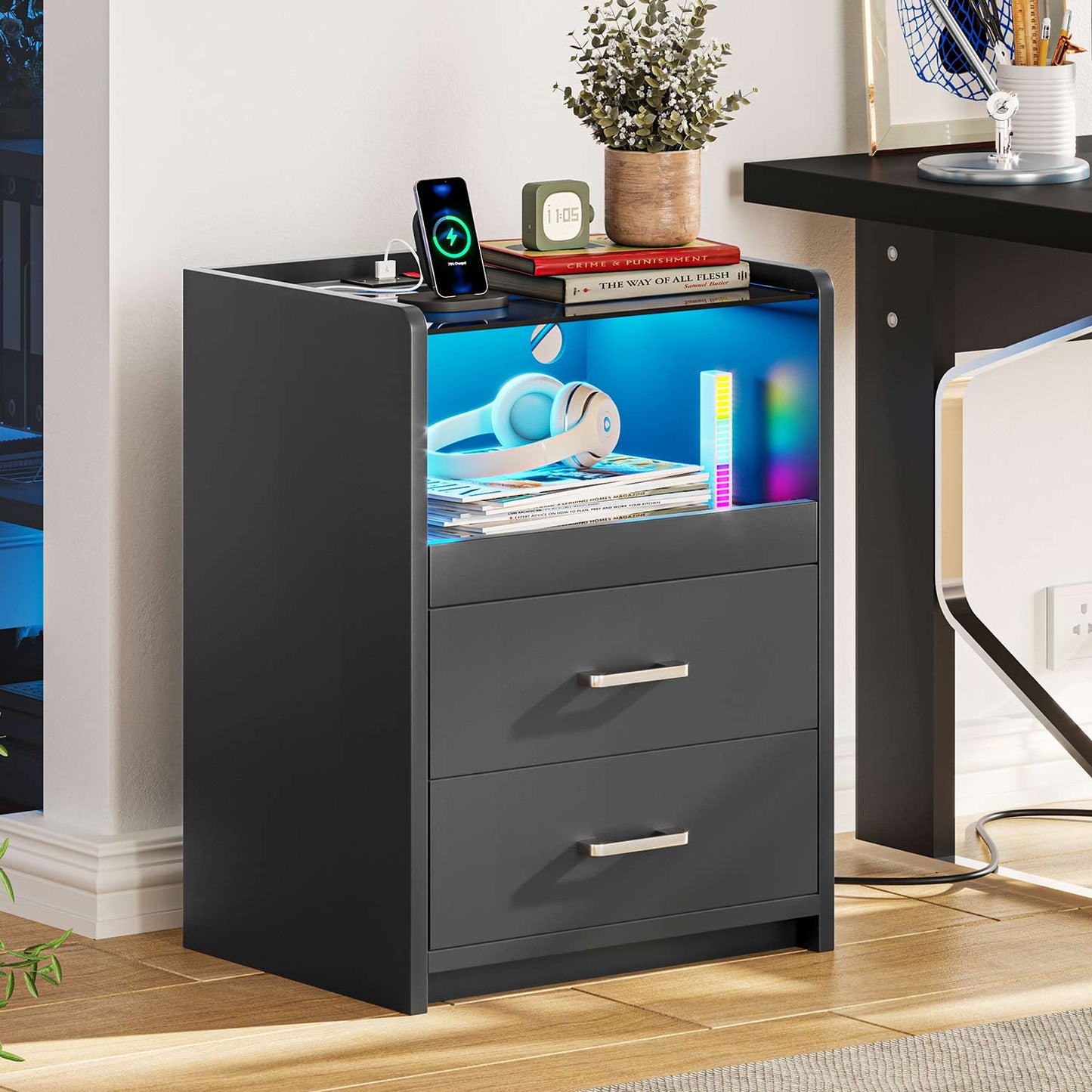 2 Pack LED Nightstand with 2 Storage Drawers Black