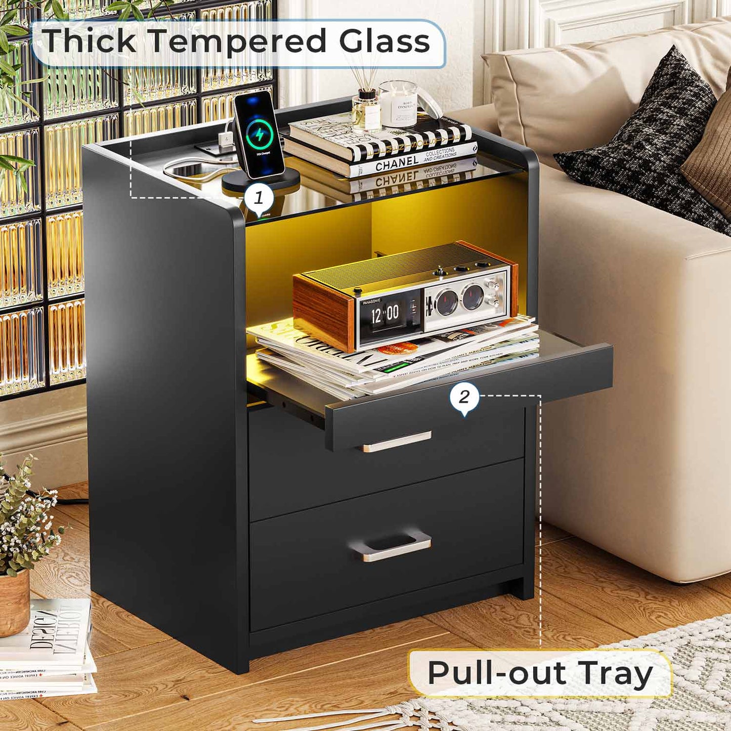 2 Pack LED Nightstand with 2 Storage Drawers Black