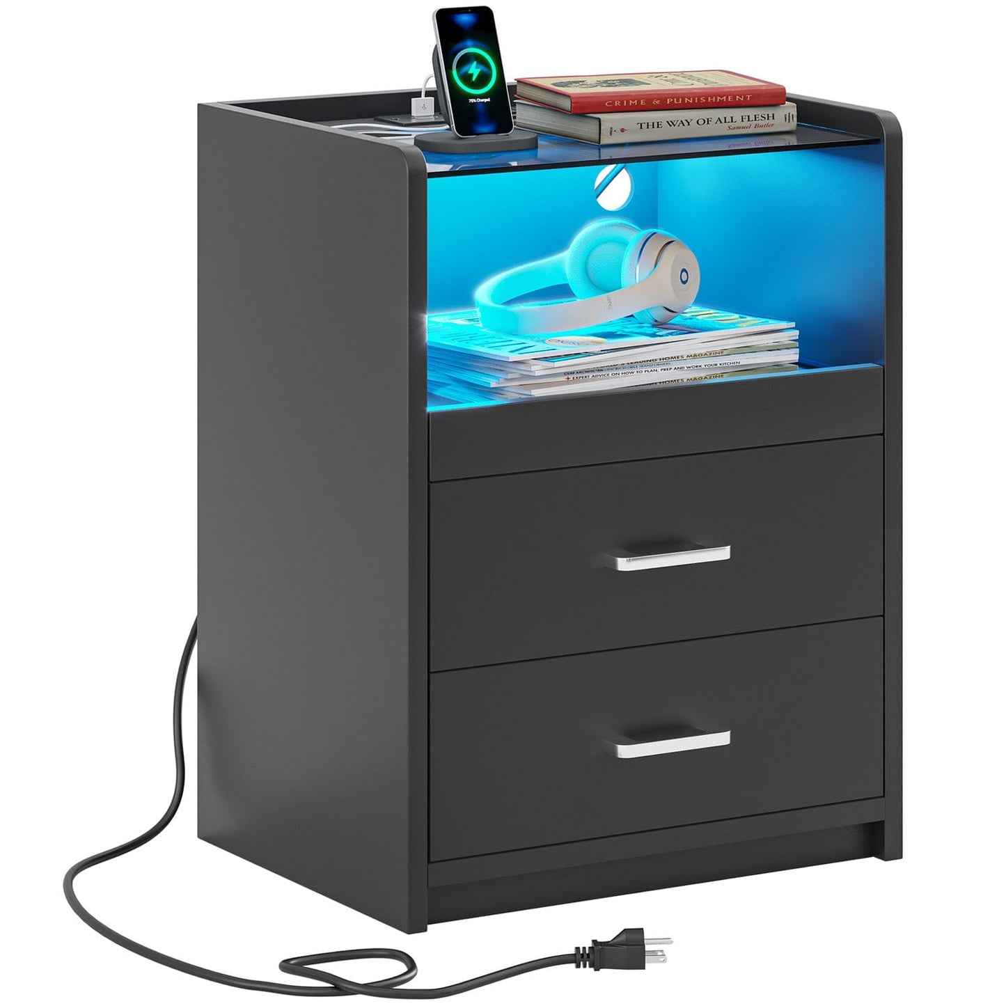 LED Nightstand with 2 Storage Drawers Black