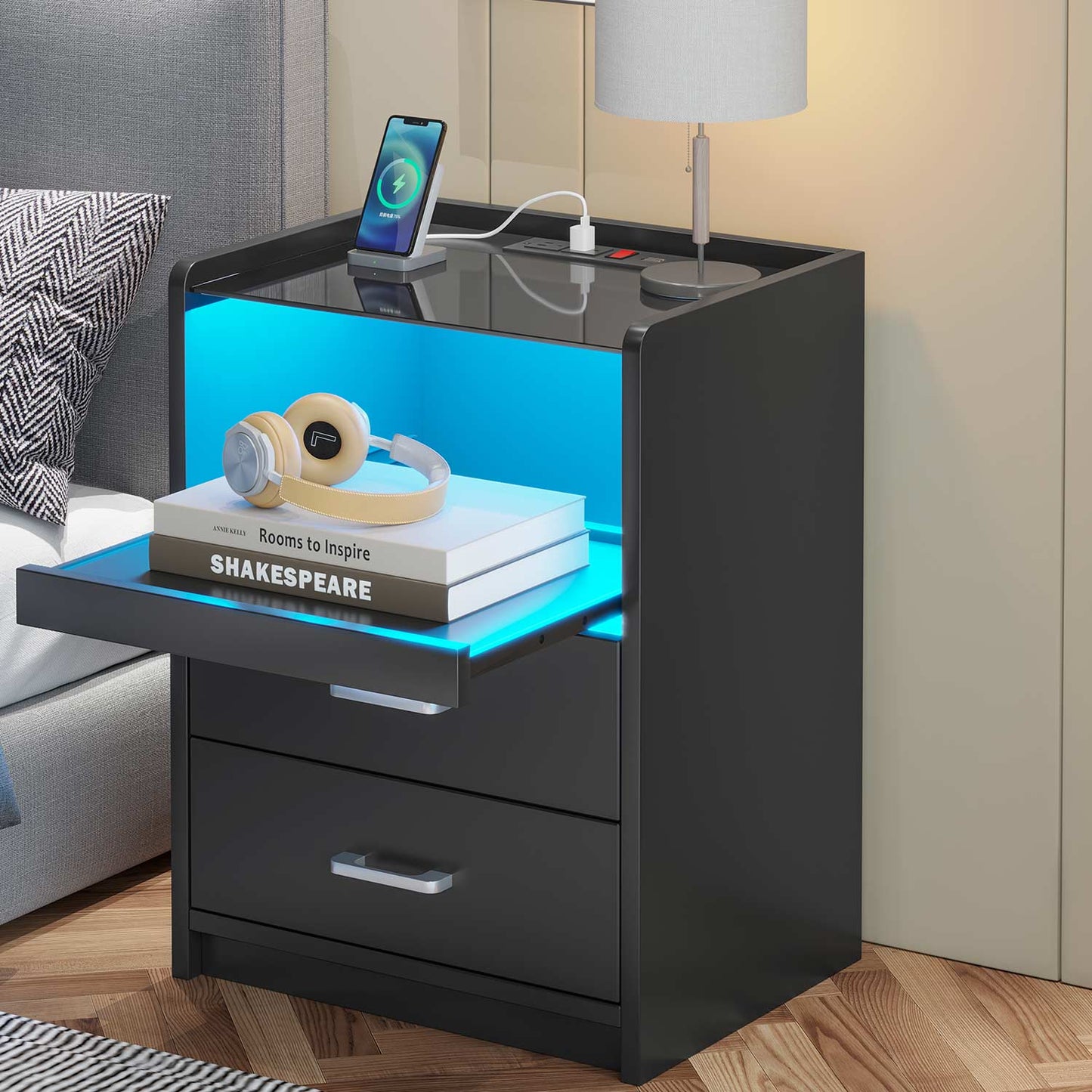LED Nightstand with 2 Storage Drawers Black