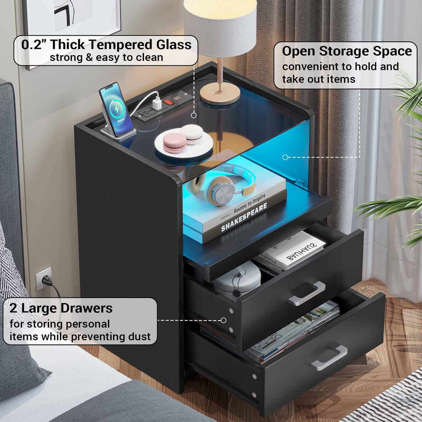 2 Pack LED Nightstand with 2 Storage Drawers Black