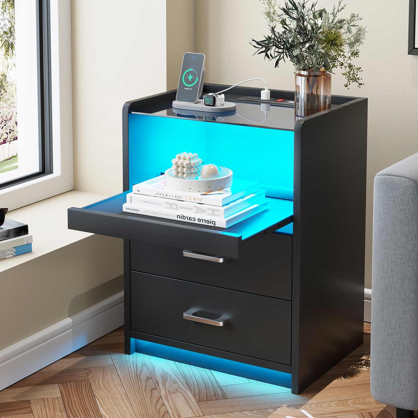 2 Pack LED Nightstand with 2 Storage Drawers Black