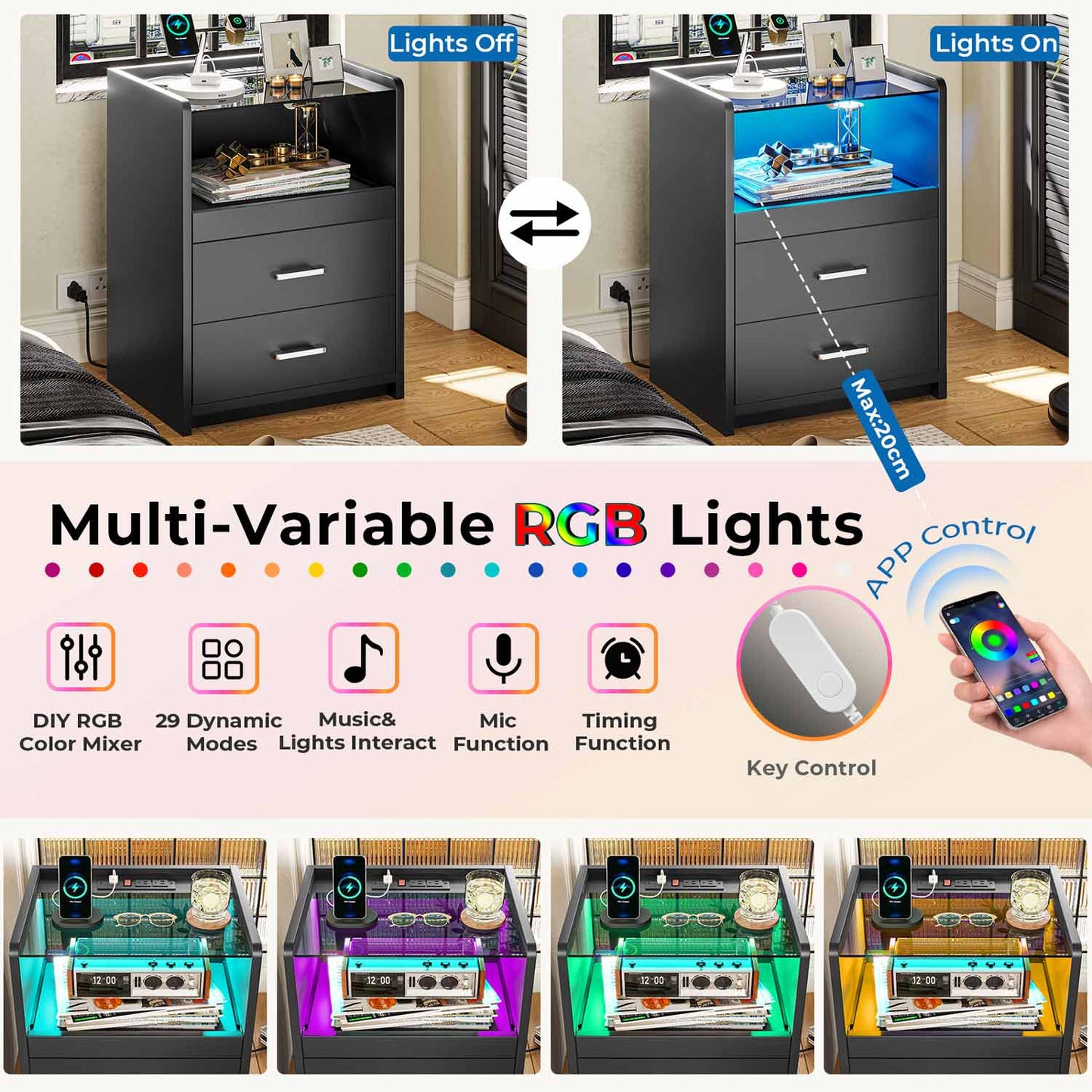 LED Nightstand with 2 Storage Drawers Black